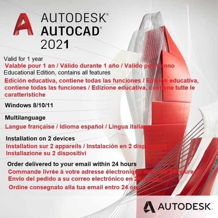 Autodesk AutoCAD 2021 Licence dun an. Livraison numérique dans les 24 heures.