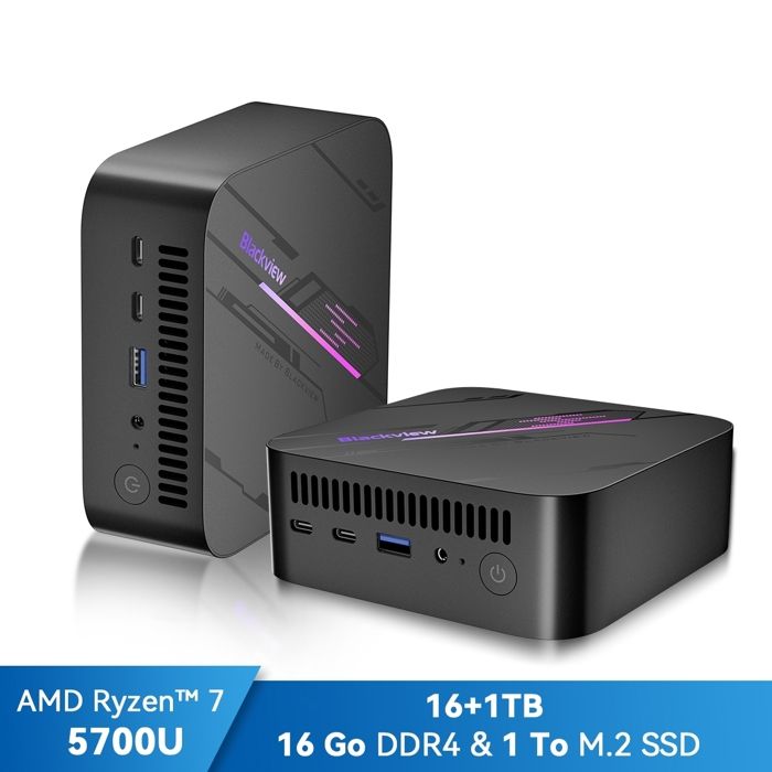 Mini PC Blackview MP100 AMD Ryzen™ 7 5700U 4.3GHz Max 16 Go 1 To-SSD 2To Windows 11 Pro Wifi 6 4K UHD Display NETFLIX – Gris
