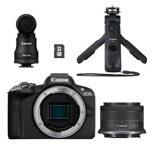 Canon Appareil photo hybride kit Créateur EOS R50 + RF-S 18-45mm f/4.5-6.3 IS STM + Micro DM-E100 + Poignée-trépied