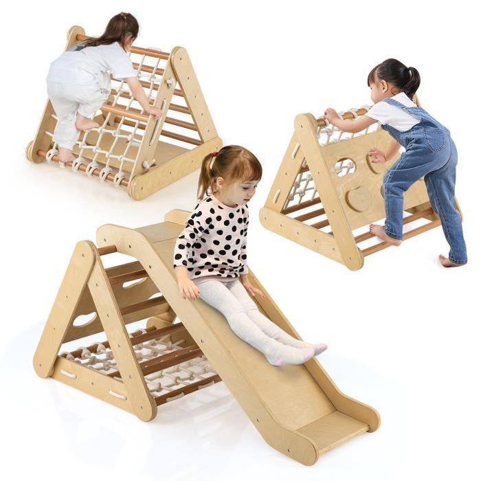 Lit Montessori COSTWAY 2 En 1 Triangle D'Escalade Montessori Enfant Avec Rochers Colores Echelle Escalade Triangulaire En Bois De Sapin Charge 50kg 92640771 Parcours De Motricité