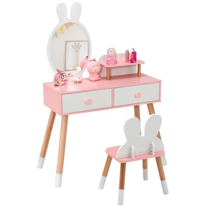 DREAMADE Coiffeuse Enfant 2 en 1 avec Miroir Amovible et Tabouret Tiroirs Doubles et Etagère Supplémentaire Charge 50 KG Blanc