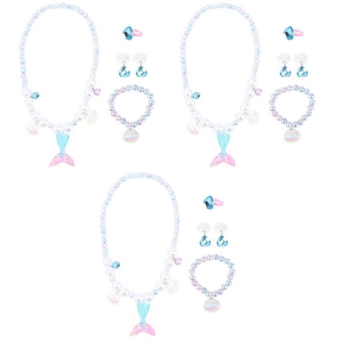 Xzeemo Parure De Bijoux Sirène Pour Petites Filles - Collier, Bracelet, Clips D'Oreille Et Anneau - Cadeau Anniversaire Et Noël Princesse 2 3 4 5 Ans
