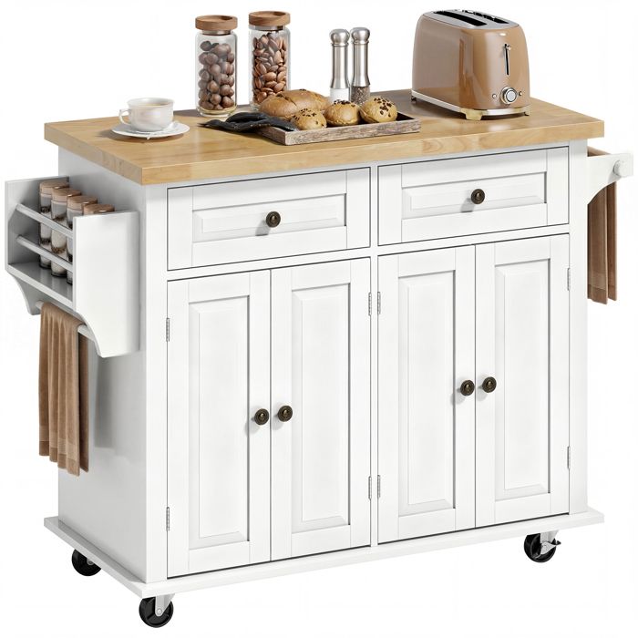 Desserte îlot de cuisine - HOMCOM - 2 tiroirs 2 placards 2 portes range-bouteille réglable - MDF hévéa - blanc