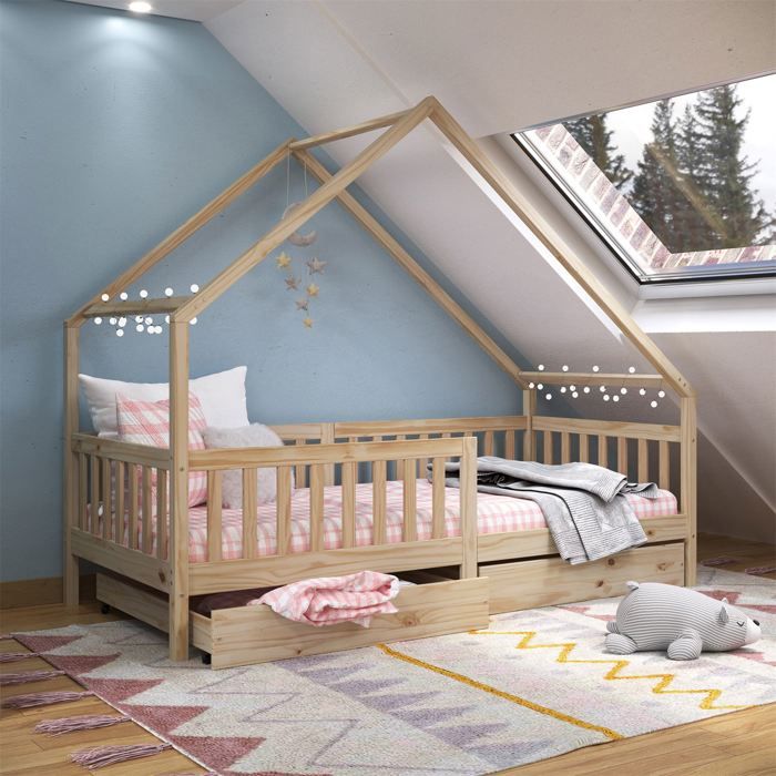 Lit cabane asym&eacute;trique ALVA avec tiroirs, 90 x 190 cm en pin massif finition naturelle