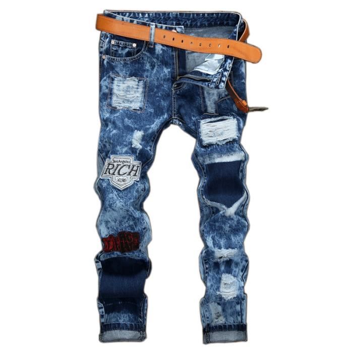 Pantalon en Jeans troue personnalise Delave Pantalon denim Homme hipster Broderie Epissure 52 Bleu Bleu Cdiscount Pret a Porter