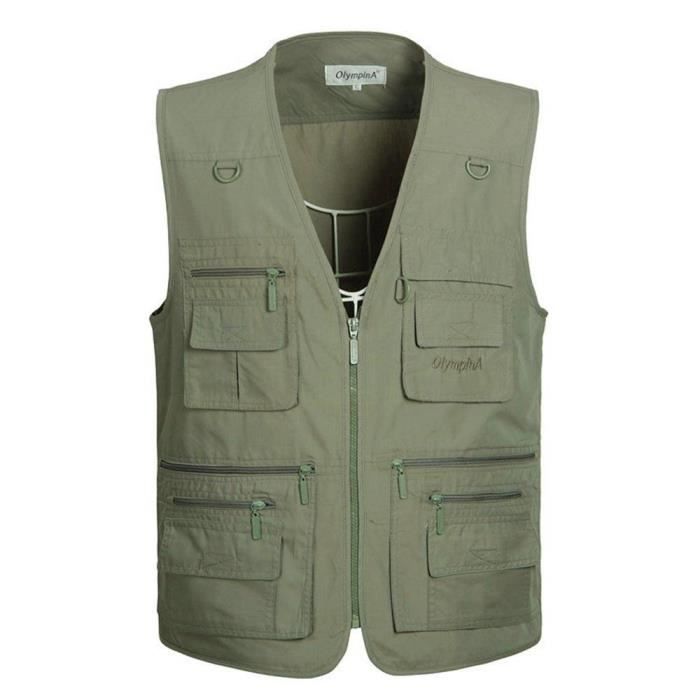 Gilet Exterieur Multi Poches Homme Sans Manches Casual Veste Legere Unie Multifonctionnel Vert militaire Cdiscount Pret a Porter