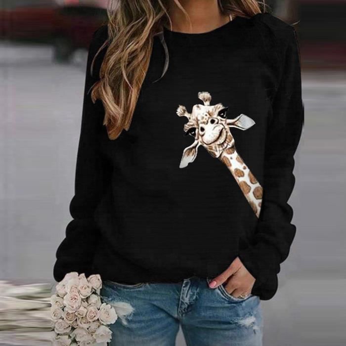 Femme Fashion T-shirt girafe à manches longues imprimé poche Casual O-cou lâche Tops