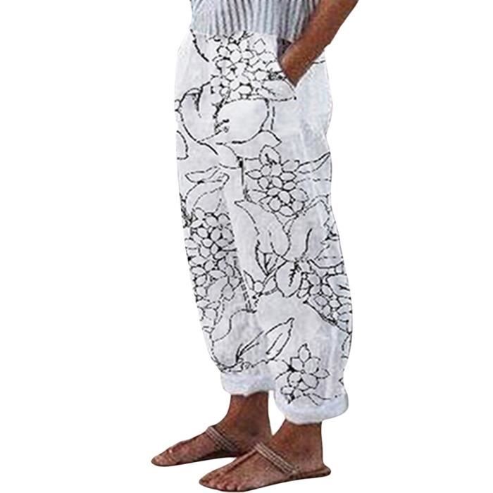 Femme Lin Mélange Bloomer Pantalon Poche Taille Élastique Droit Décontracté