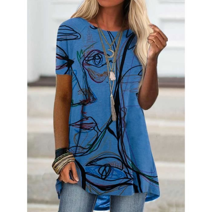 T Shirt Long pour Femme a Manche Courte T Shirt Col Rond Blouse Ete Ample Casual Tops Imprime Coloree dark blue DARK BLUE Cdiscount Pret a Porter