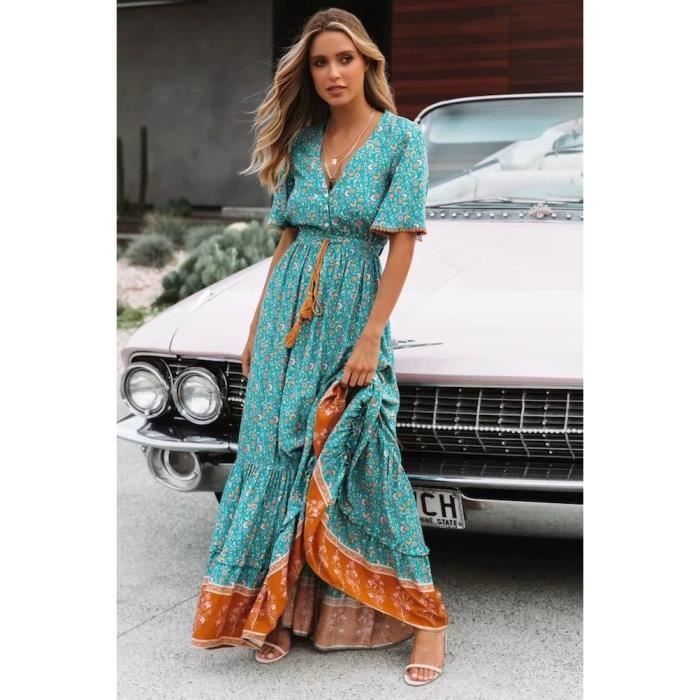 Robe longue d ete boheme a fleurs pour femme vert Vert Cdiscount Pret a Porter