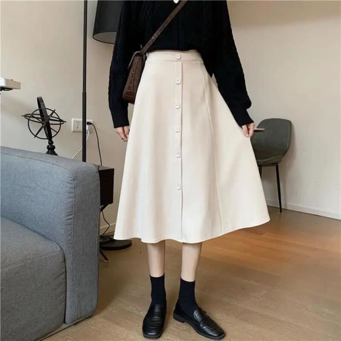 Jupe Jupe droite mi longue a boutons Vintage taille haute jupes trapeze decontractees elegantes mode coreenne white F2321 Blanc Cdiscount Pret a Porter