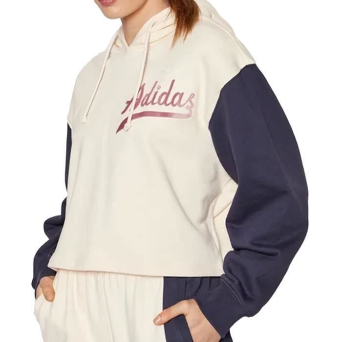 Sweat Femme Adidas Originals Beige Marine Coupe Ample Manches Longues Col Capuche