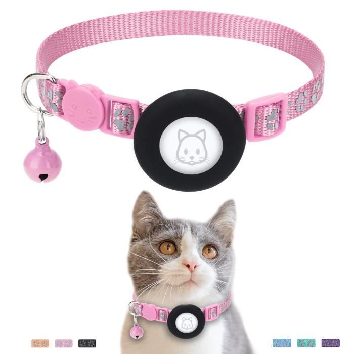 airtag collier pour chat, réfléchissant collier pour chat avec clochette,collier gps airtag anti-perte pour chats - rose