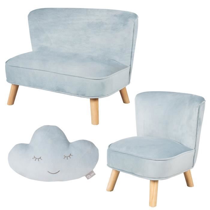 ROBA Canapé et Fauteuil Enfant Lil Sofa + Coussin Décoratif Nuage - Ensemble en Velours - Bleu clair