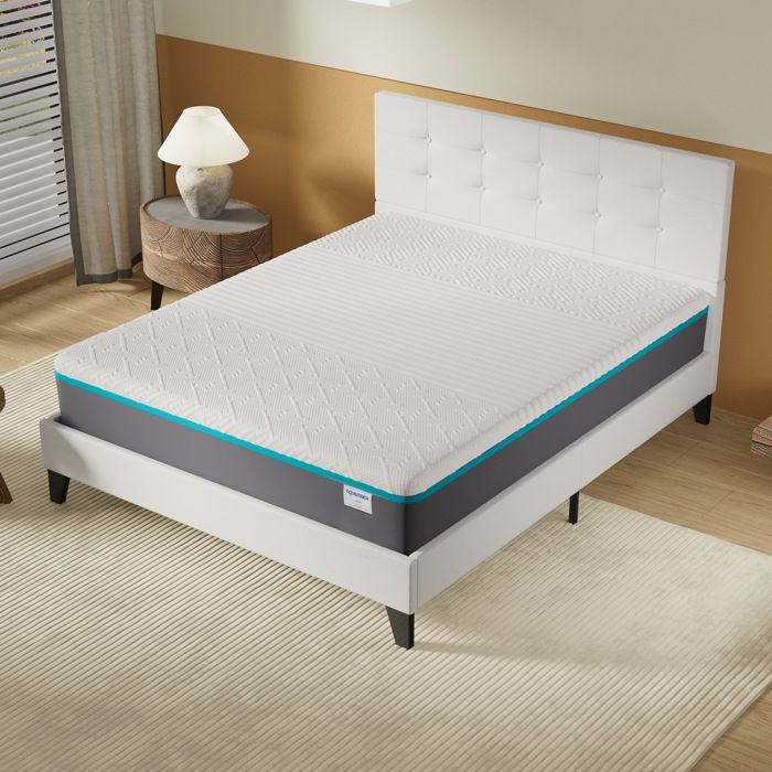 Ensemble MATELAS + LIT (140x200cm)-YPSILON (ÉQUILIBRÉ) 28cm Latex Naturel & Mémoire de Forme+Sommier & tête de lit revêtement Blanc