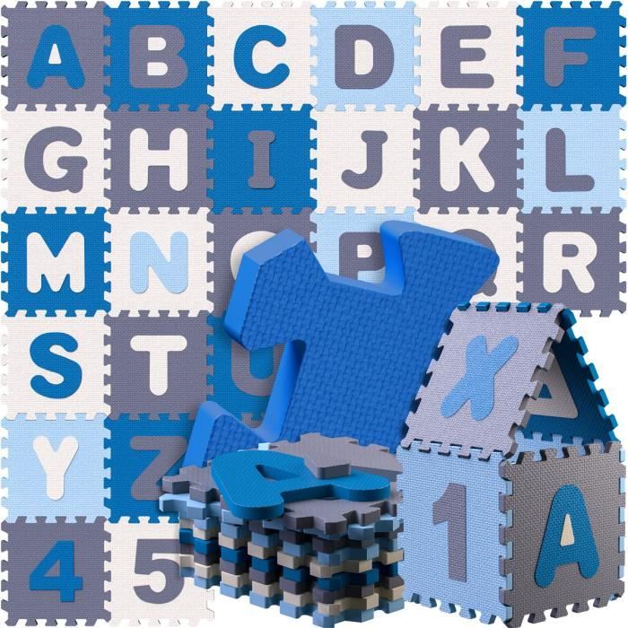 Spielwerk® Tapis de jeu puzzle Bleu apprentissage lettres chiffres enfants tapis de jeu mousse 86 pièces bébé aire de jeux