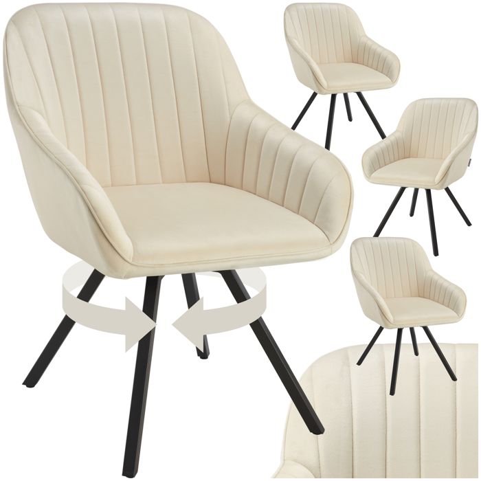 Chaise - TECTAKE - Lot de 4 fauteuils SNUG pivotants avec accoudoirs aspect velours rembourré 58 x 58 x 82 cm - Crème