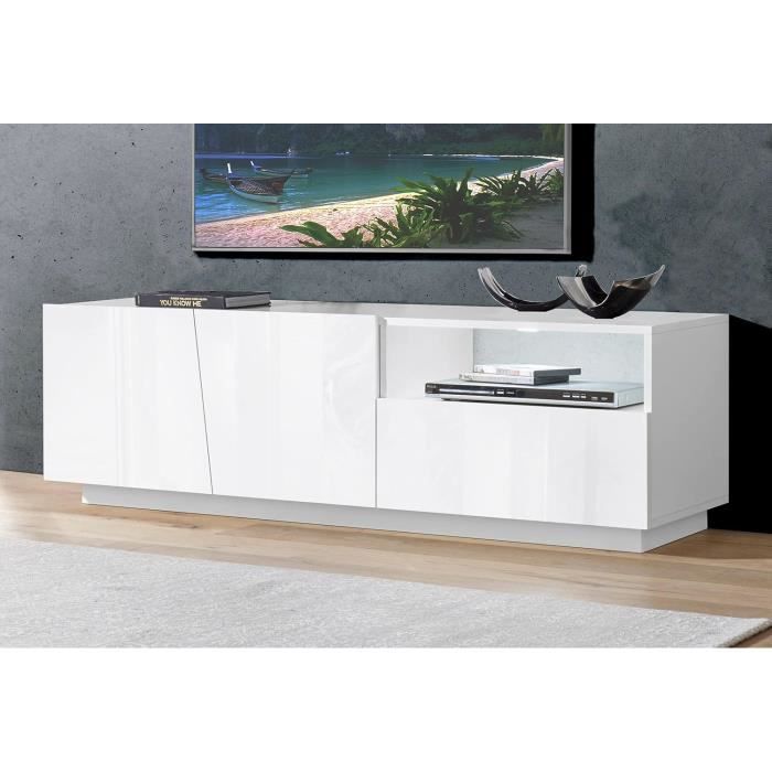 Meuble TV 180 Cm Blanc Brillant - 4 Tiroirs, Éclairage LED Télécommandé - Pour Téléviseurs Jusqu'à 75 Pouces