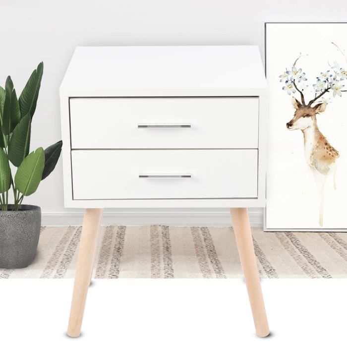 Table De Chevet EUGAD Avec 2 Tiroirs – 46x35x50 Cm – Pieds En Bois Massif – Blanc – Style Scandinave - 6