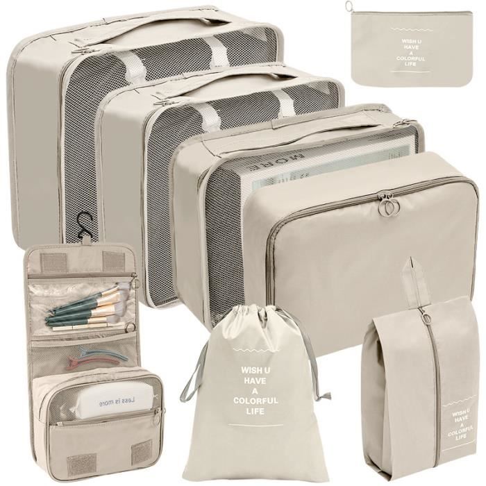 Rangement Valise Lot de 8 Organisateur de Voyage Packing Sac de Toilette,  Sacs à cosmétiques pour Voyage et Bagage Sacs Beige