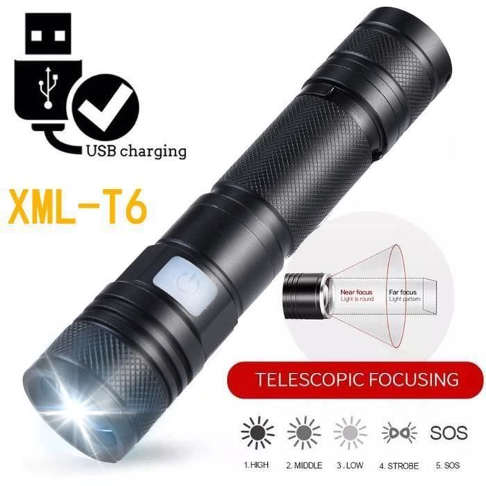 Lampe Torche Led Ultra Puissante Lumens 5 Modes Zoomable USB Rechargeable étanche Tactique Lampe