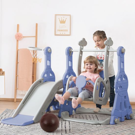 Toboggan Enfant 4 En 1 Teahutty - Avec Panier Basket, Balançoire, Cadre Escalade - Intérieur/extérieur, Rose