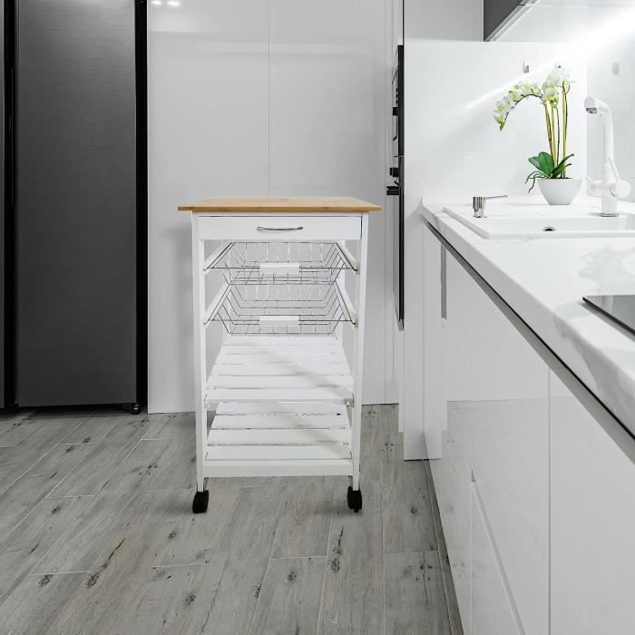 Chariot De Rangement Avec 3 Paniers Amovibles Et Roulettes, Meuble De Cuisine Compact En Acier Et Plastique Blanc 93291403