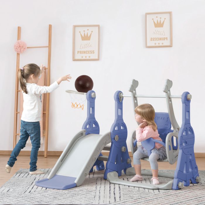 Toboggan 4-en-1 Pour Enfant – Balançoire, Escalier, Panier De Basket Inclus, Hauteur Réglable, Base Lestable, Intérieur/extérieur, Rose