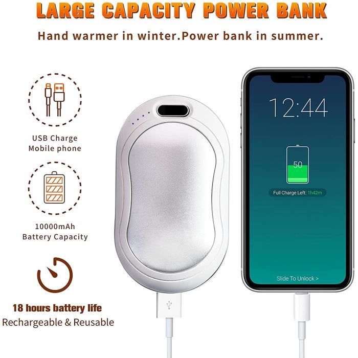 Chauffe-Mains Rechargeable,Portable Power Bank Chaufferette Main Electrique  Réutilisables Banque de Puissance Mode Massage（10000mAH）
