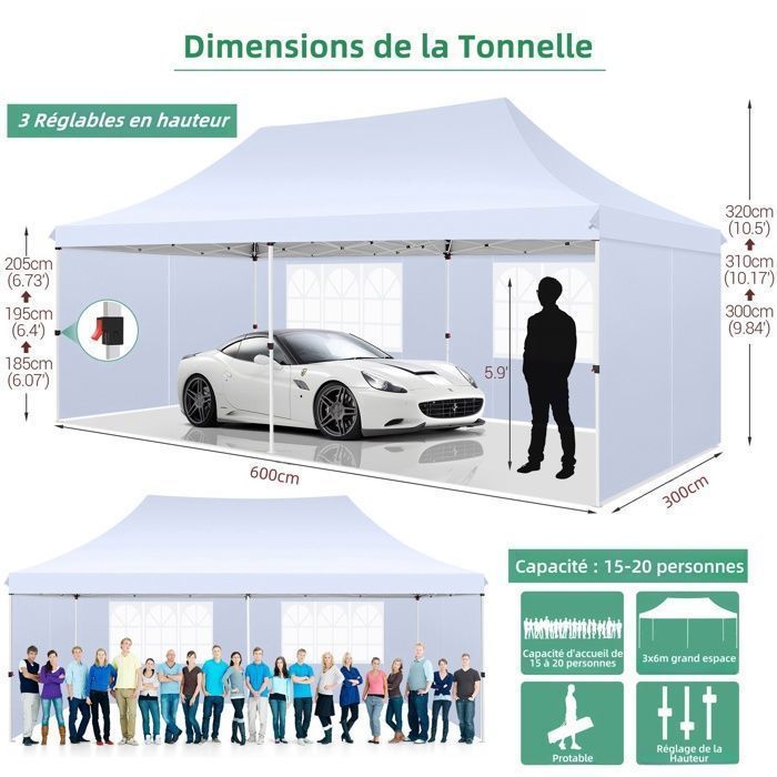 Tonnelle Pliante Jardin 3x3 M - Aluminium, Toile Imperméable UV - Ouverture Accordéon, Hauteur Réglable