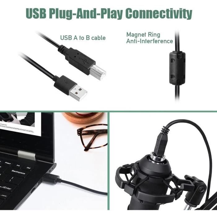 Microphone Condensateur cardioïde USB Blanc Pro 24 bits-192 kHZ Plug & Play  PC Bras de Microphone Métallique Kit de Montage de[556] - Cdiscount TV Son  Photo