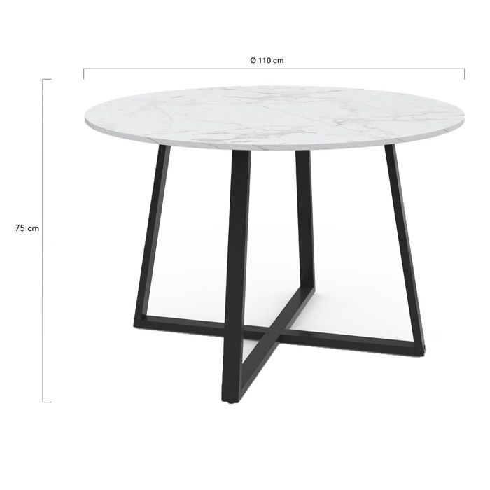 Table à Manger Extensible Ronde SELMA - Plateau Effet Marbre Blanc & Pieds Noir - 110 à 150 Cm - Pour 4 à 8 Personnes