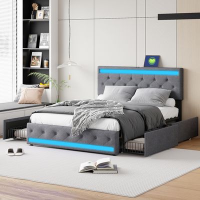 Lit Coffre 140x190cm Avec LED Et Ports USB, Tête De Lit Rembourrée