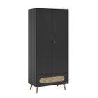 CALICOSY - Armoire 2 Portes et 1 Tiroir avec Cannage en Rotin L85 x H195 cm - Canne - Noir