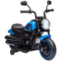 Moto électrique enfant 6 V 3 Km/h effet lumineux roulettes amovibles repose-pied pédale métal PP bleu noir