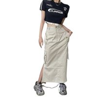 Jupe,Jupe Cargo à taille haute pour femmes, Streetwear à la mode, Midi fendue, Chic, poches solides, droite, Y2k - GRAY[A71922]