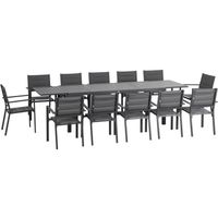 Ensemble de jardin 12 personnes chaises empilables table extensible 200/300L cm alu. textilène gris 300x90x75cm Noir