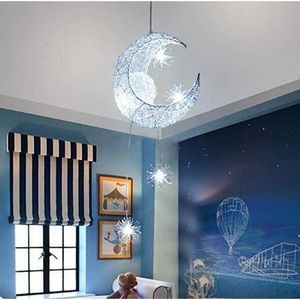 LUSTRE ET SUSPENSION DT10679-Lune étoiles Suspension Lustres plafonnier avec 5 ampoules pour enfants Chambre Lumière blanche froide
