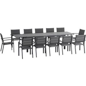 Ensemble table et chaise de jardin Ensemble de jardin 12 personnes chaises empilables table extensible 200/300L cm alu. textilène gris 300x90x75cm Noir