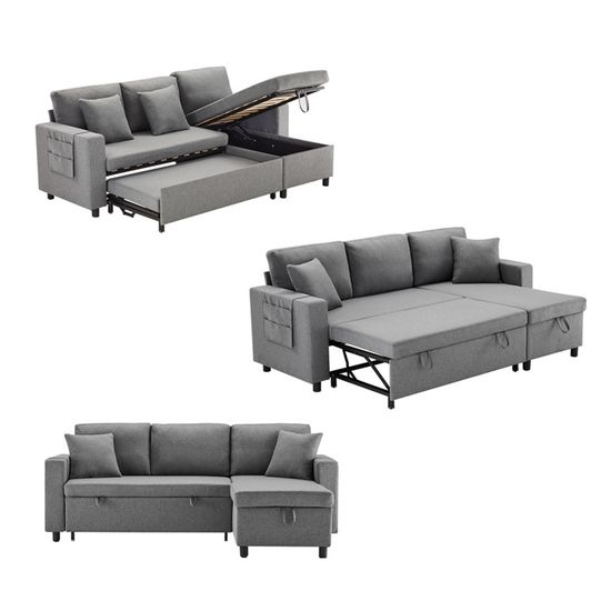 Canapé 3 Places En L Modulable Avec Pouf – Velours Noir, Convertible En Chaise Longue