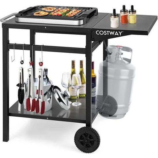 FANTASK Chariot Barbecue Jardin Avec 2 Étagères, 4 Roues & Crochets - Table D'Appoint Outdoor Multifonction Noire