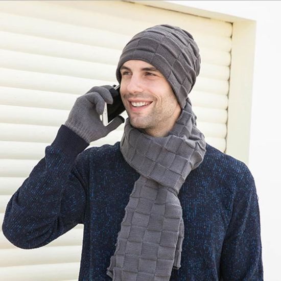 Hiver chaud 3 Pcs Set Knit Beanie Hat écran Tactile Gants Loop Écharpe Hommes & Femmes 