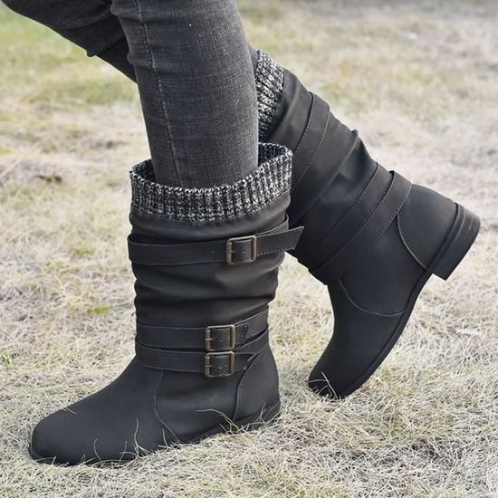 Bottes plates en cuir pour femmes Bottes femme Noir Noir