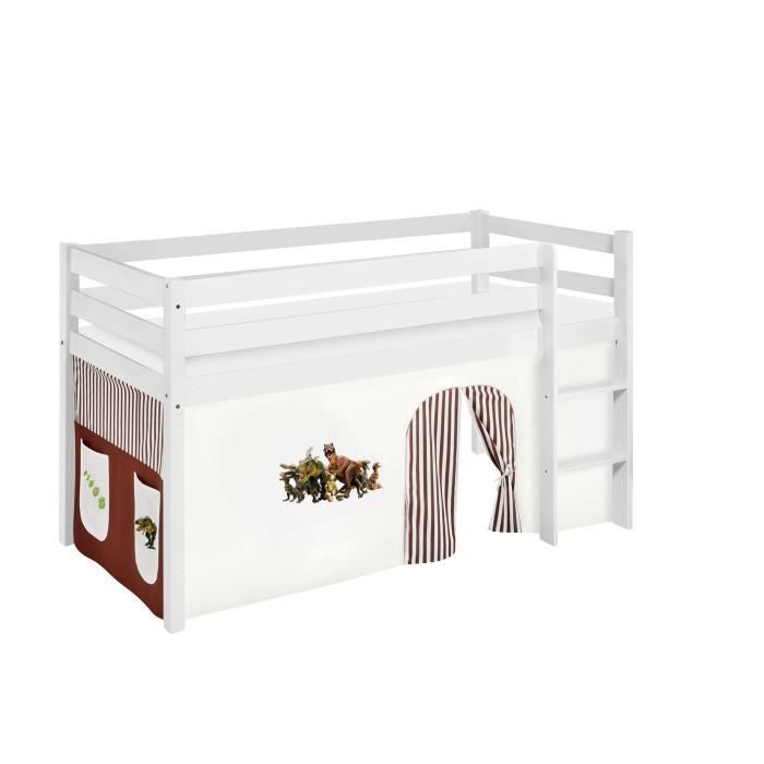 Lit surélevé ludique JELLE Dinos marron beige - avec rideaux - LILOKIDS - blanc laqué