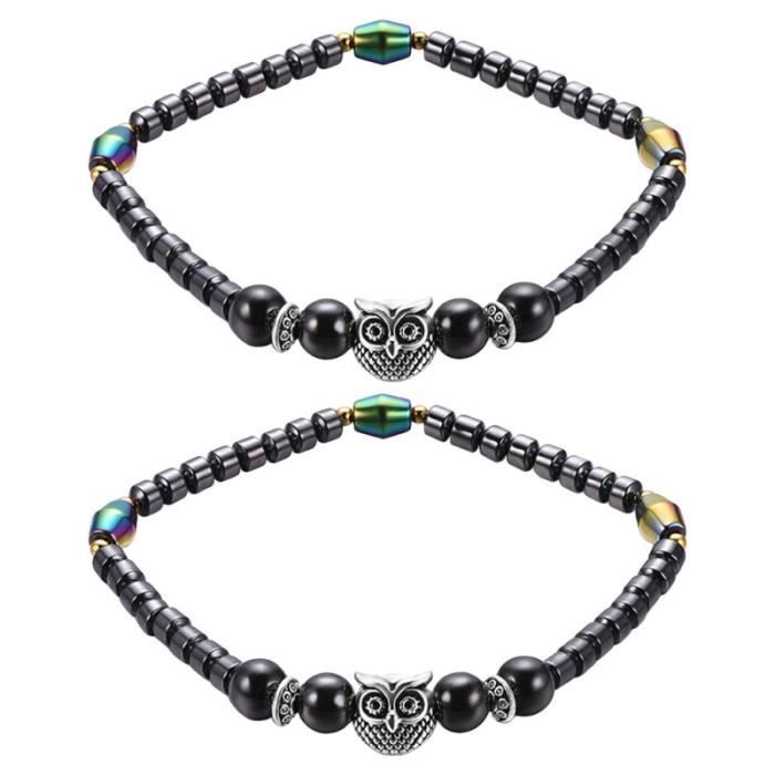 2 pièces bracelets de cheville Chic magnétique galvanisé perles rondes hibou décor unisexe hématite BRACELET - GOURMETTE - RING