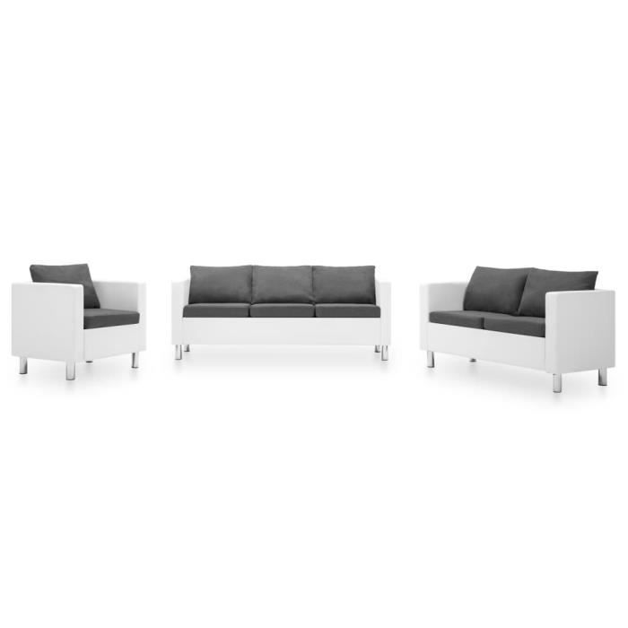 Ensemble de canapé 3 pcs - Salon bas de jardin Sofa Similicuir Blanc et gris clair