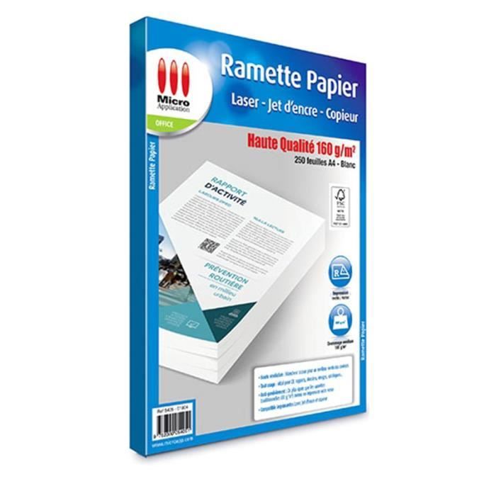 Ramette papier Haute Qualité 250 feuilles 160 g/m² Micro Application impression jet d'encre et laser