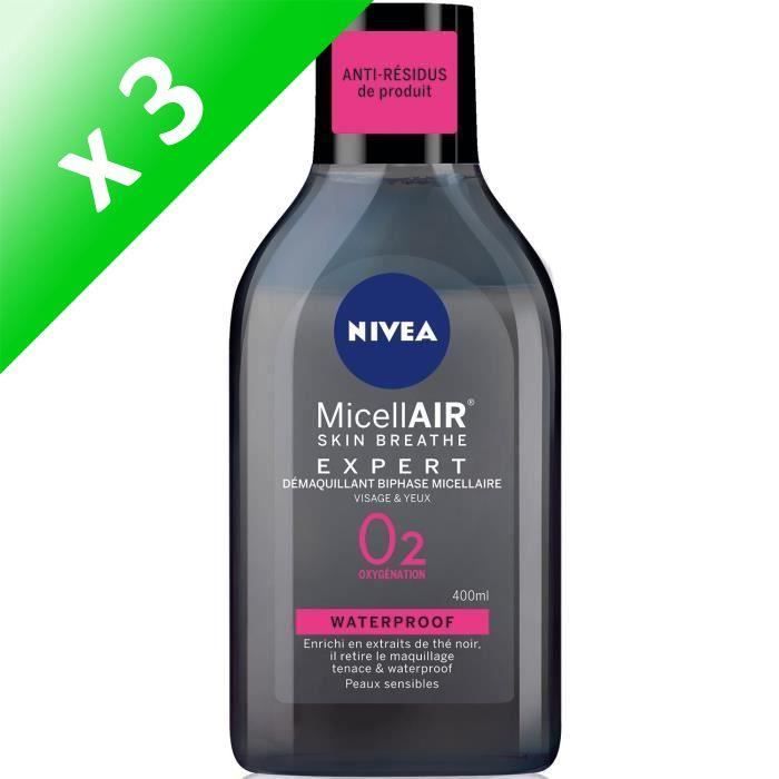 NIVEA Démaquillant Biphase Expert Black micellaire - Pour peaux sensibles - 400 ml (Lot de 3)