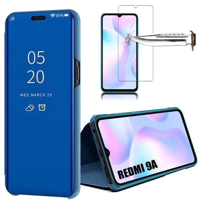 Coque Redmi 9A(6,53-) + Verre Trempé design Tendance Effet Miroir Anti Choc Protection Renforcée Bleu