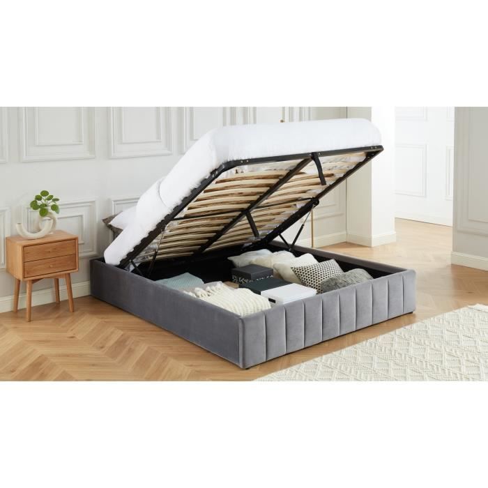 Lit coffre 160x200cm en velours gris anthracite + sommier relevable à lattes - Collection Ava - ELLE DECORATION